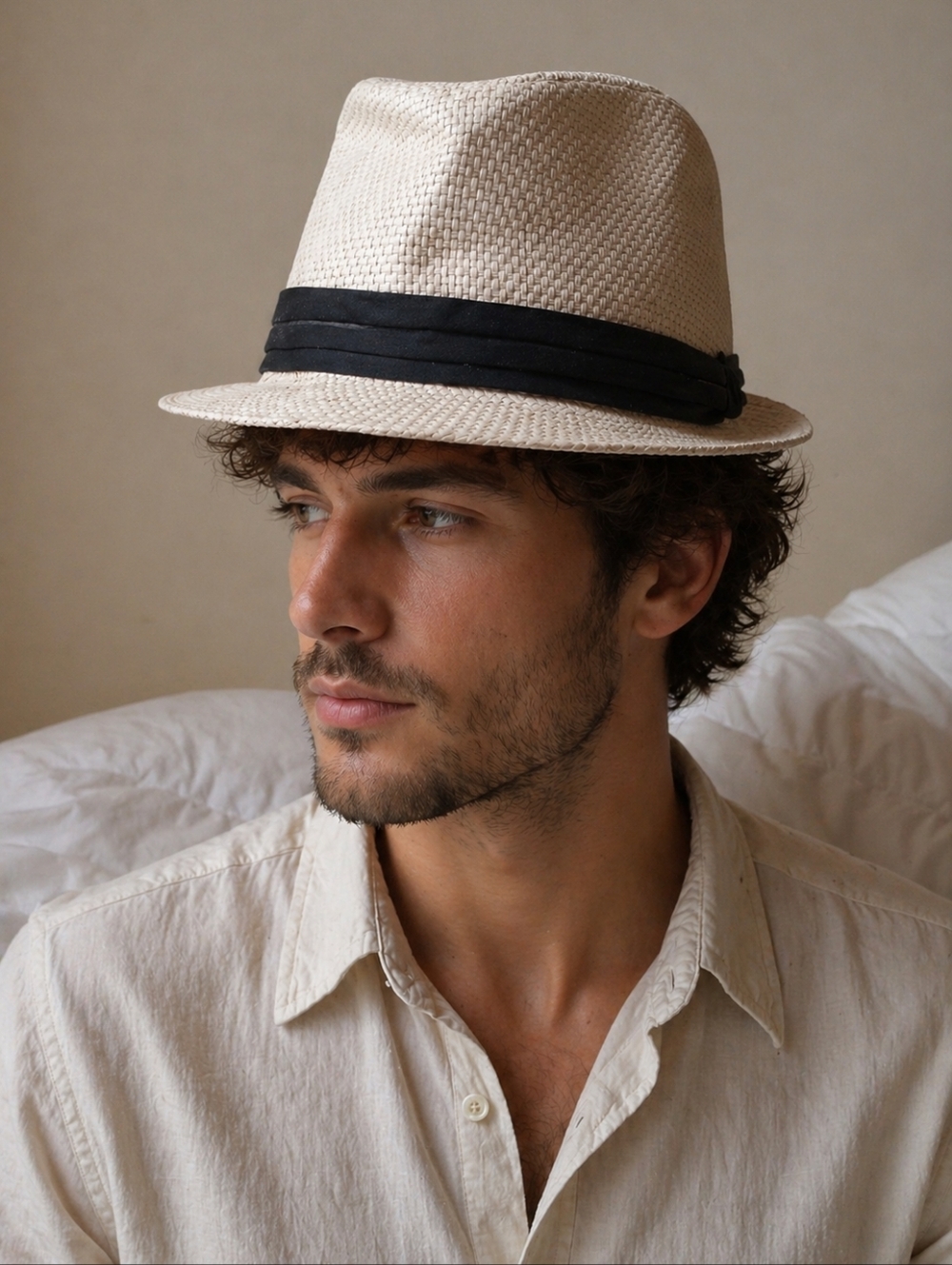 Men's Straw Fedora Hat with Black Band - Natural